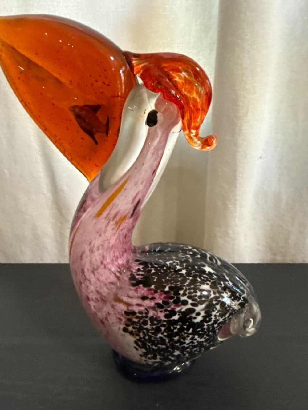Hand Blown  Art Glass Pelican Eating Fish Figurine Sculpture 7” Tall